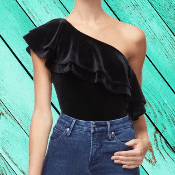 Good American Velvet Ruffle One Shoulder Bodysuit - Picture 4 of 14